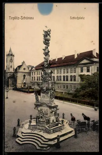 AK Teplitz-Schönau, Schlossplatz mit Kirche und Denkmal