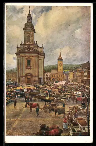 Künstler-AK Mährisch Weisskirchen, Zerotínplatz mit Markständen