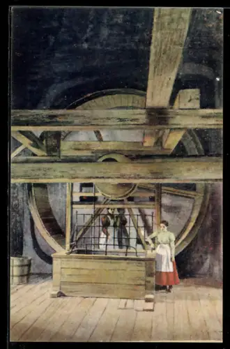 Künstler-AK Karlstein, Frauen laufen in einem Holzrad