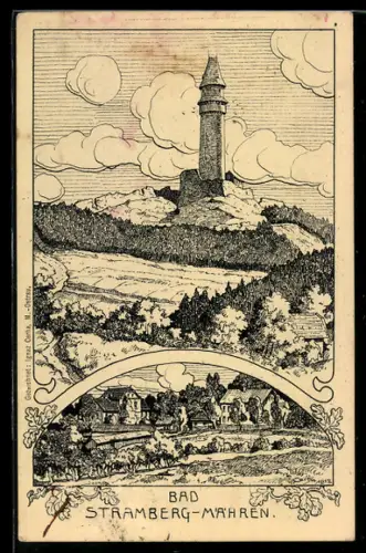 Künstler-AK Stramberg /Mähren, Ortsansicht und Gipfel mit Turm