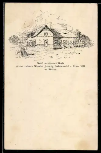 Künstler-AK Prag / Praha, Nová mensinová skola místn. odboru Národni Jednoty Posumavské v Praze VIII na Stocku