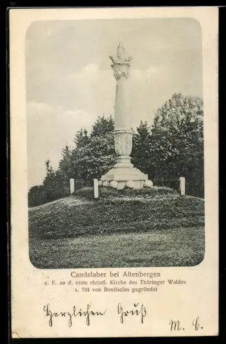 AK Altenbergen, Kandelaber, Erinnerung an die erste christl. Kirche des Thüringer Waldes im Jahr 724