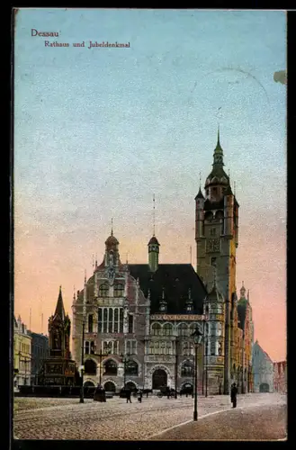 AK Dessau, Rathaus und Jubeldenkmal