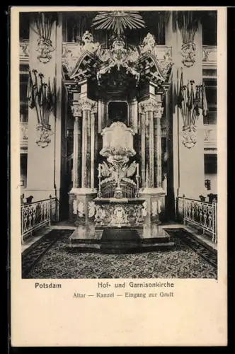 AK Potsdam, Hof- und Garnisonkirche, Altar, Kanzel, Eingang zur Gruft