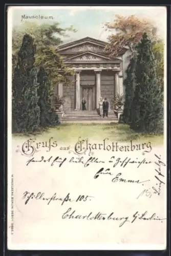 Lithographie Berlin-Charlottenburg, Mausoleum mit Besuchern