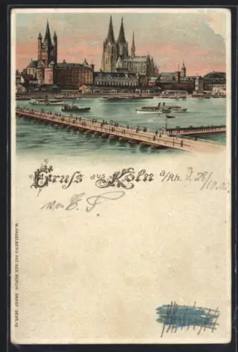 Lithographie Köln a. Rh., Dom, Gross St. Martin, Rheinbrücke, rückseitig Nachtbild mit Mond