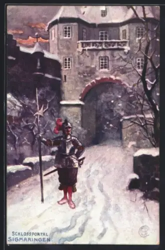 Künstler-AK Sigmaringen, Schlossportal im Winter mit Wächter in Ritterrüstung