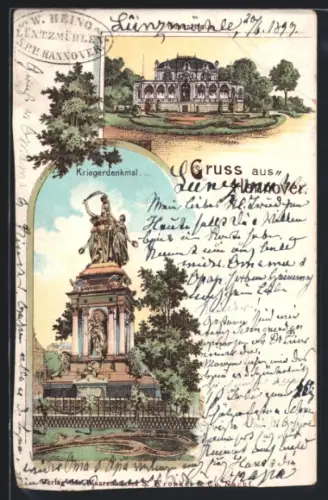 Lithographie Hannover, Kriegerdenkmal, Neues Haus