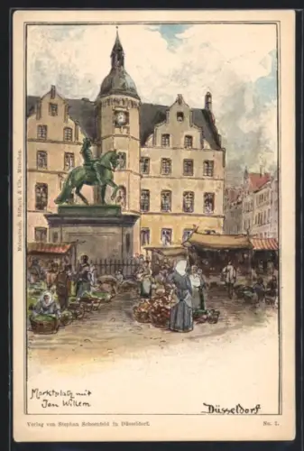 Künstler-AK Düsseldorf, Marktplatz mit Jan-Wellem-Reiterstandbild und Rathaus