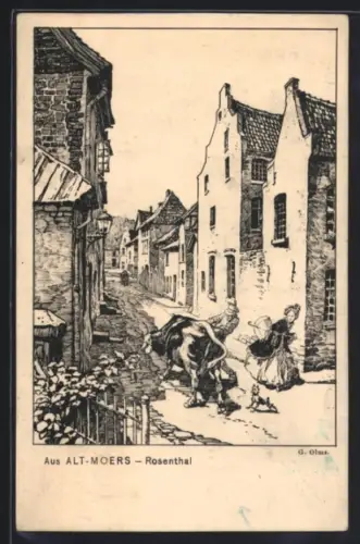 Künstler-AK Moers, Rosenthal, Altstadtstrasse, Bauer mit widerspenstiger Kuh
