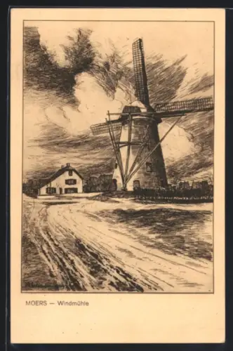 Künstler-AK Moers, Windmühle mit Strasse u. Ortspanorama