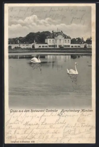 AK München, Nymphenburg, Restaurant Controlor, Gewässer, Schwäne