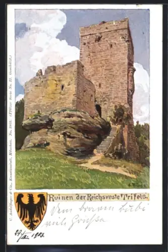 Künstler-AK Annweiler, Ruinen der Reichsveste Trifels, Wappen