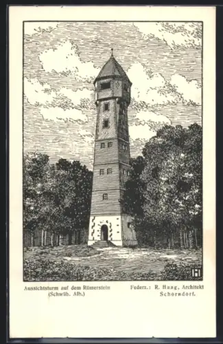 Künstler-AK Römerstein /Schwäb. Alb, Aussichtsturm auf dem Römerstein