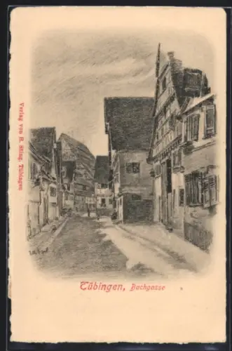 Künstler-AK Tübingen, Bachgasse, Strassenpartie