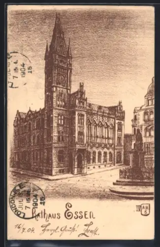 Künstler-AK Essen, Rathaus mit Strassenecke u. Statue