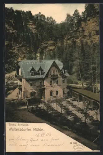 AK Waltersdorf /Sächsische Schweiz, Gasthaus Waltersdorfer Mühle aus der Vogelschau