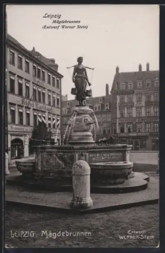 AK Leipzig, Mägdebrunnen mit Hotel Wartburg