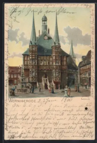 Lithographie Wernigerode, Rathaus und Brunnen