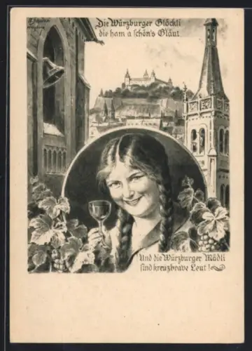 AK Würzburg, Festung Marienberg, Glockenturm, Würzburger Mädli