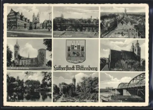 AK Wittenberg, Markt, Schloss und Kirche, Elbbrücke, Wappen
