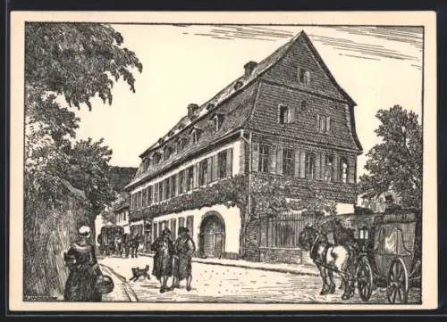 Künstler-AK Winkel /Rheingau, Brentano-Haus mit historischem Strassenleben