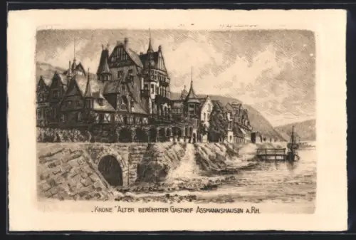 Künstler-AK Assmannshausen a. Rh., Gasthof Krone, Rheinansicht
