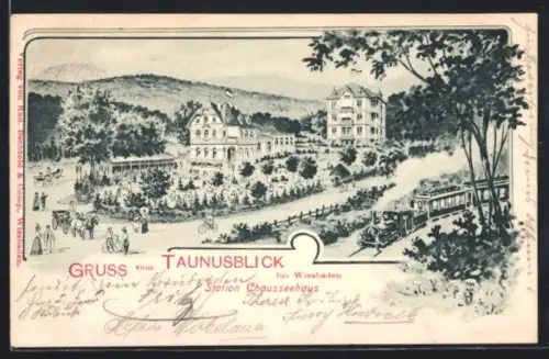 Künstler-AK Wiesbaden, Station Chausseehaus, Taunusblick, Gasthof und Eisenbahn