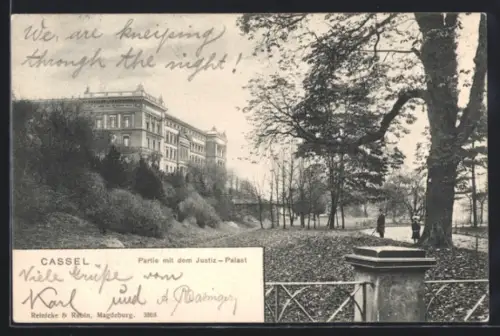 AK Cassel, Partie mit dem Justiz-Palast, Promenade, Brücke