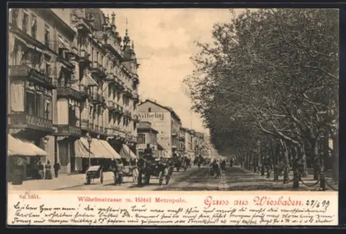 AK Wiesbaden, Wilhelmstrasse und Hotel Metropole, Promenadenallee