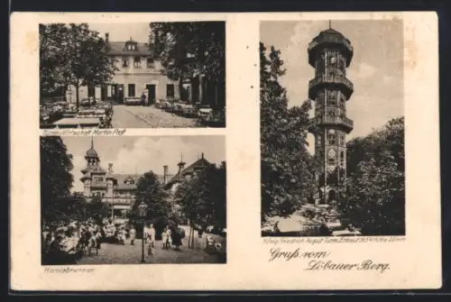 AK Löbauer Berg, Gasthaus Turmwirtschaft Martin Proft, König-Friedrich-August-Turm, Honigbrunnen