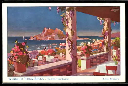 Künstler-AK Taormina /Sicilia, Albergo Isola Bella, Casa Svizzera