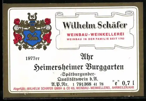 Getränkeetikett Weinbau Wilhelm Schäfer, Ahrweiler, Spätburgunder QBA, Wappen