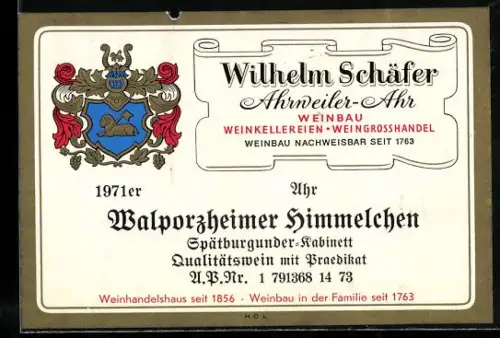 Getränkeetikett Weinbau Wilhelm Schäfer, Ahrweiler, Walporzheimer Himmelchen, Wappen