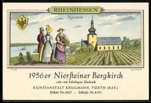 Getränkeetikett 1956er Niersteiner Bergkirch, Weinberg und Kirche