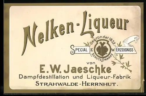 Getränkeetikett Nelken-Liqueur E. W. Jaeschke, Strahwalde-Herrnhut, Wappen