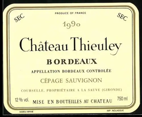 Getränkeetikett 1990 Château Thieuley, Cépage Sauvignon, Sauve
