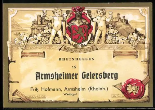 Getränkeetikett Weingut Fritz Hofmann, Armsheim am Rhein, Armsheimer Geiersberg, Putten mit Wappen