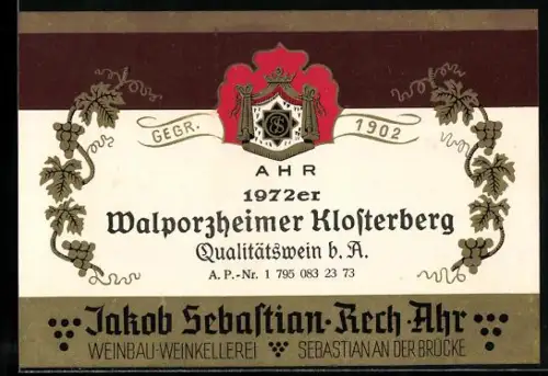 Getränkeetikett Weinkellerei Jakob Sebastian, Walporzheimer Klosterberg QBA, Rech, Weinreben