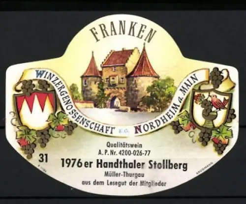 Getränkeetikett Winzergenossenschaft Nordheim a. Main, 1976er Handthaler Stollberg QBA, Burg und Wappen