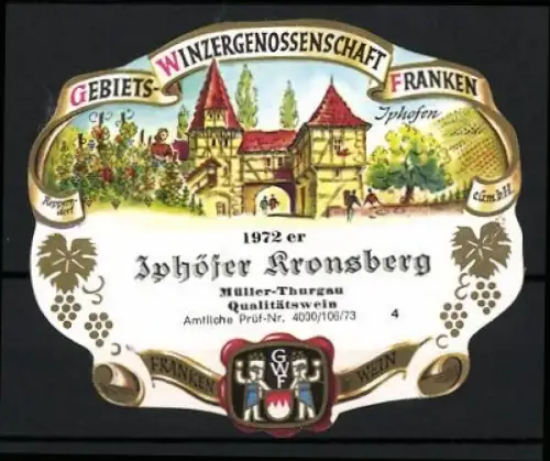 Getränkeetikett Gebiets-Winzergenossenschaft Franken, 1972er Iphöfer Kronsberg QBA, Iphofen