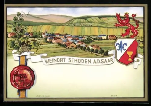 Getränkeetikett Weinort Schoden a. d. Saar, Ortsansicht mit umliegenden Weibergen, Wappen, Siegel