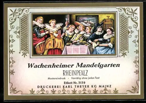 Getränkeetikett Wachenheimer Mandelgarten, Rheinpfalz, Gesellschaft beim Gelage