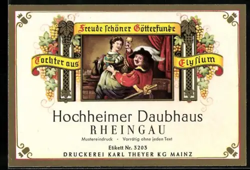 Getränkeetikett Hochheimer Daubhaus, Rheingau, Herr und Frau beim Weintrinken