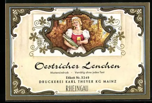Getränkeetikett Oestricher Lenchen, Rheingau, Frau mit Weinglas und Weinflasche