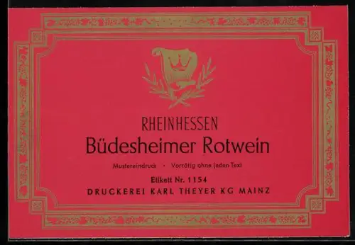 Getränkeetikett Rüdesheimer Rotwein, Rheinhessen, Emblem und Lorbeerzweige