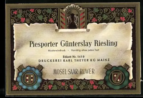 Getränkeetikett Piesporter Günterslay Riesling, Mosel-Saar-Ruwer, Wappen