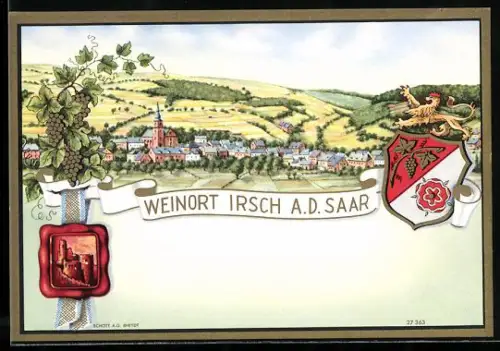 Getränkeetikett Weinort Irsch a. d. Saar, Ortsansicht mit unliegenden Weinbergen, Wappen u. Siegel