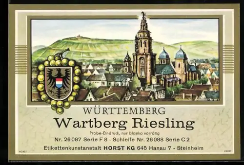 Getränkeetikett Wartberg Riesling, Württemberg, Ortsansicht mit Kirche und Weinbergen