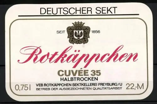 Getränkeetikett VEB Rotkäppchen Sektkellerei, Freyburg /U., Rotkäppchen Cuvée 35 halbtrocken, Wappen